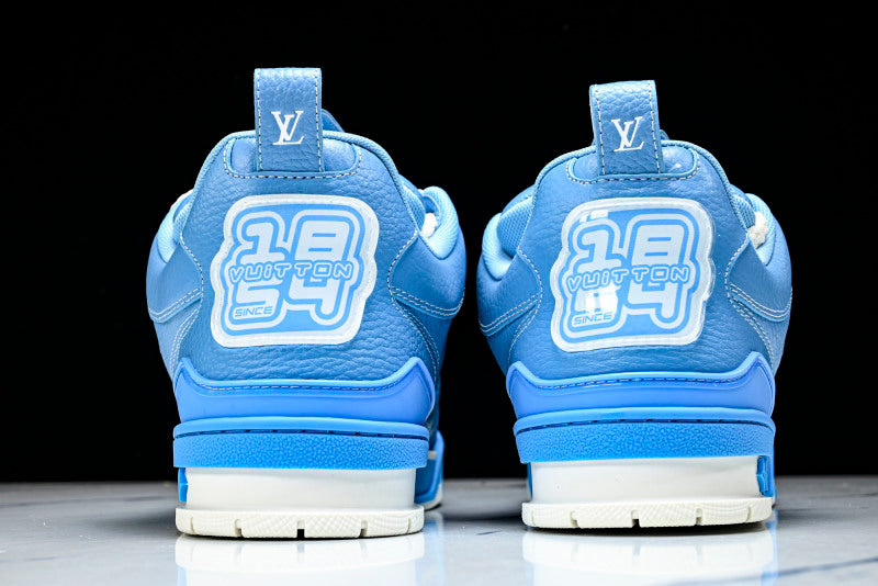 Sky Blue Leather White Flower Skate Sneakers