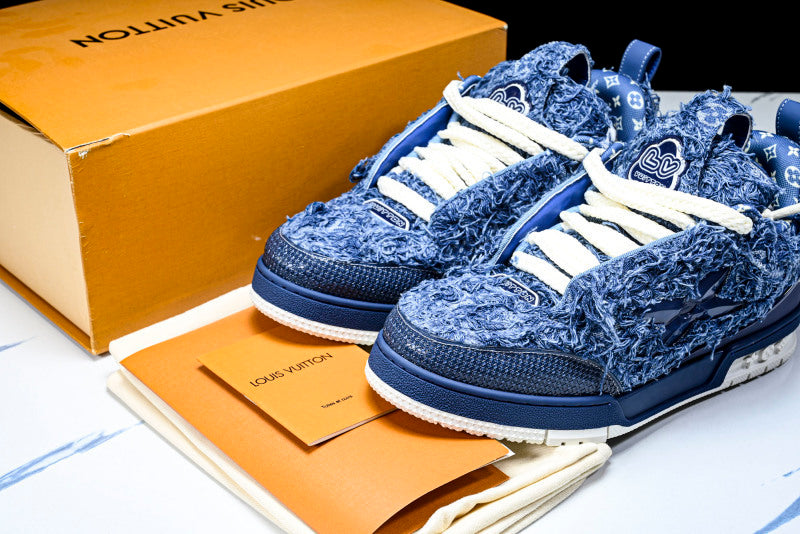 Ripped Blue Denim Fur Skate Sneakers