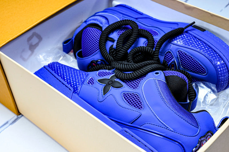Deep Blue Leather Black Flower Skate Sneakers