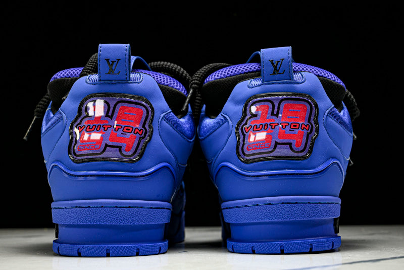 Deep Blue Leather Black Flower Skate Sneakers