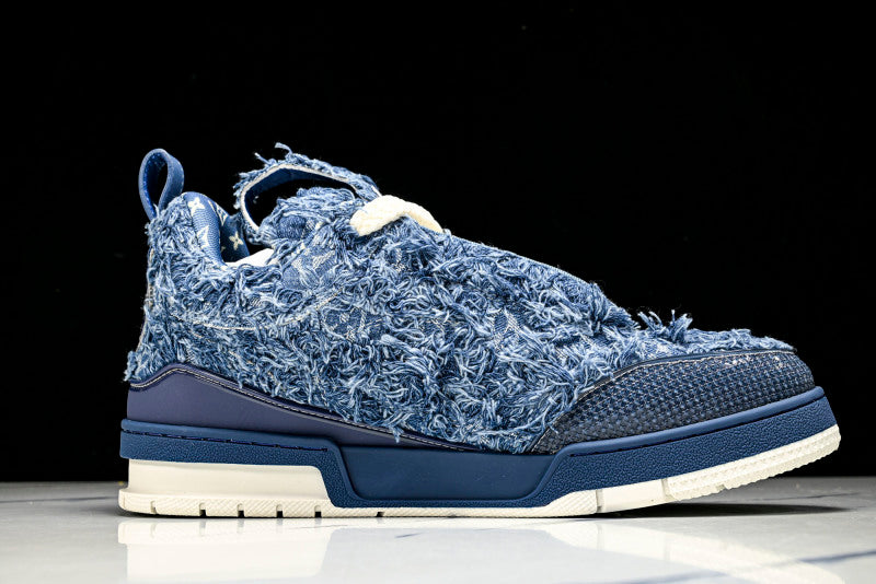 Ripped Blue Denim Fur Skate Sneakers