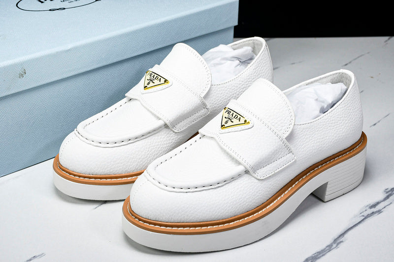 White & Beige Leather Loafers