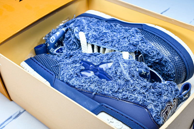 Ripped Blue Denim Fur Skate Sneakers
