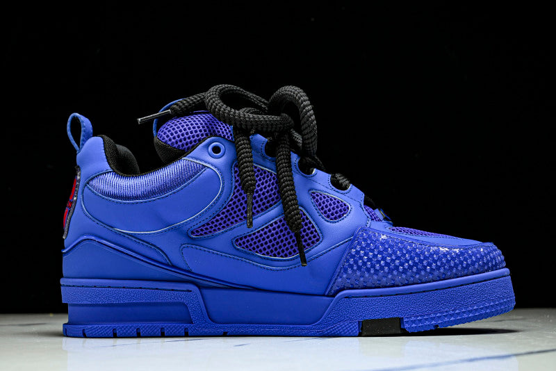 Deep Blue Leather Black Flower Skate Sneakers