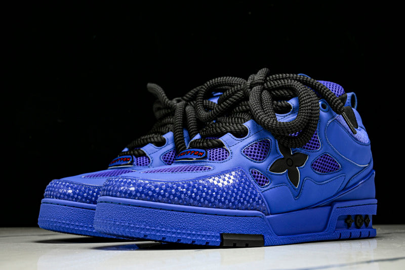 Deep Blue Leather Black Flower Skate Sneakers