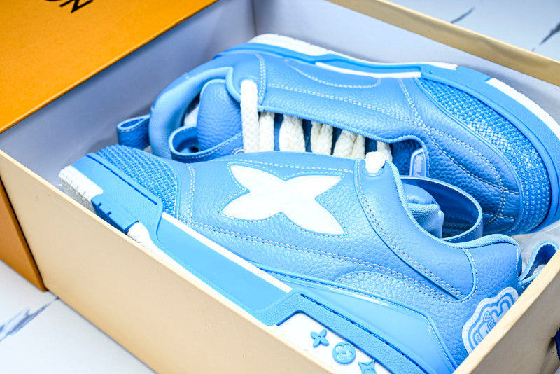 Sky Blue Leather White Flower Skate Sneakers