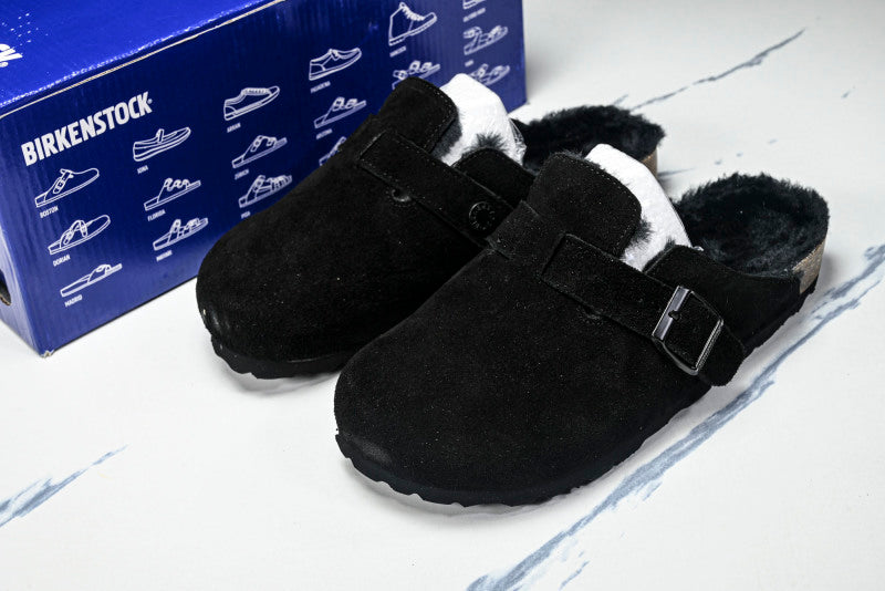 Birkenstock Boston Shearling Suede Leather Black Clogs