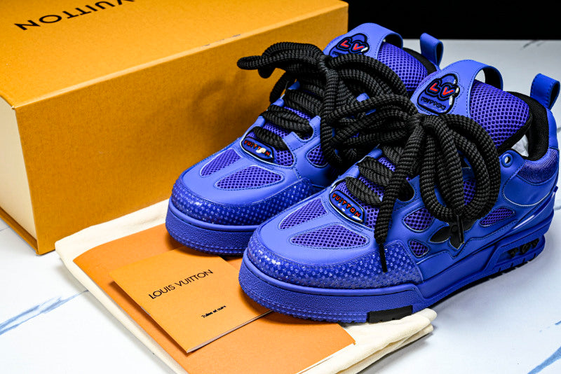 Deep Blue Leather Black Flower Skate Sneakers