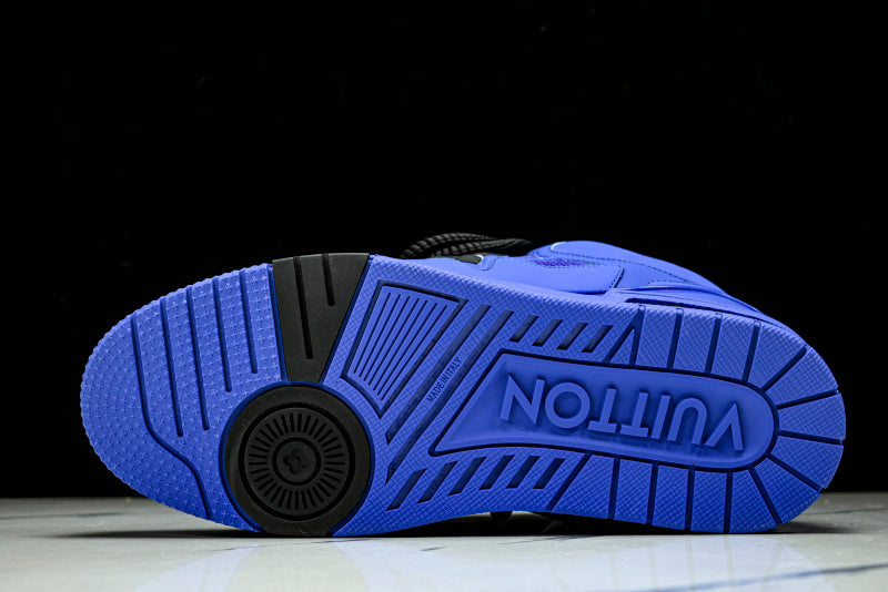 Deep Blue Leather Black Flower Skate Sneakers
