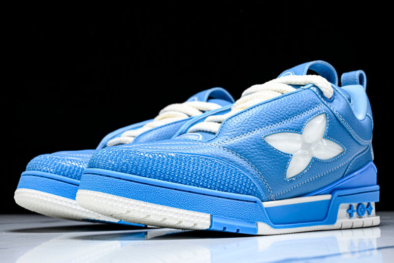 Sky Blue Leather White Flower Skate Sneakers