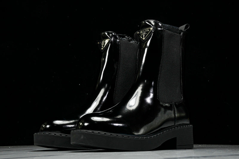Black Brushed Leather Patent Boots