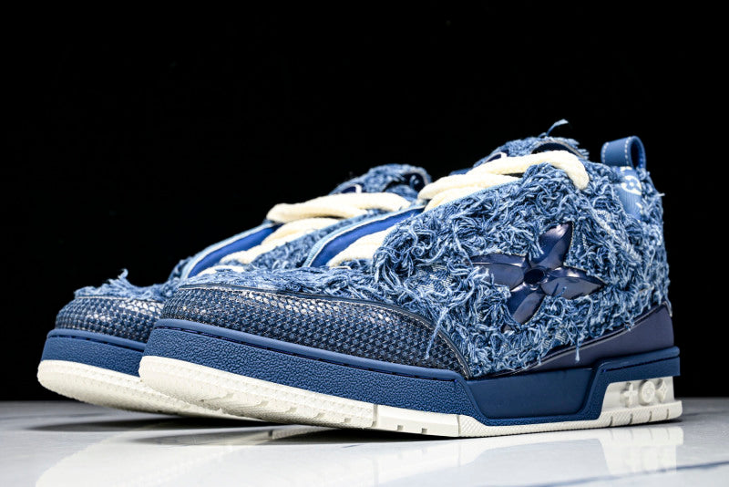 Ripped Blue Denim Fur Skate Sneakers