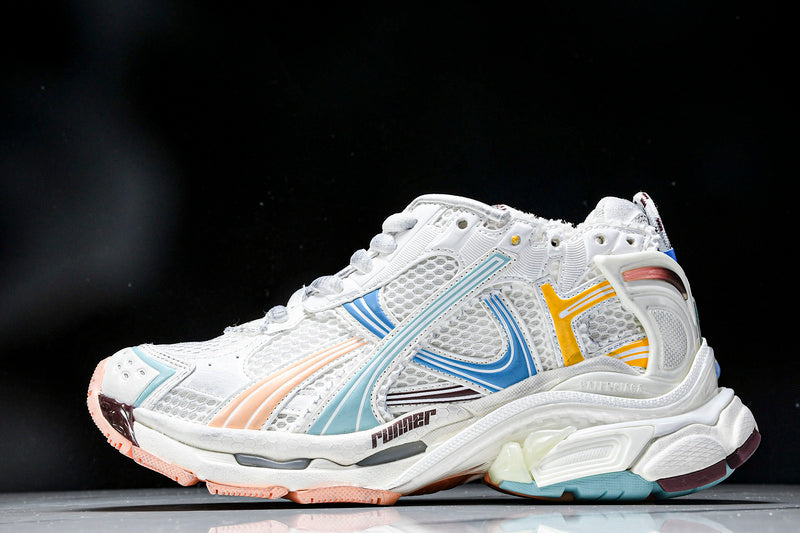 Worn-Out White Blue Pink Runner Sneakers