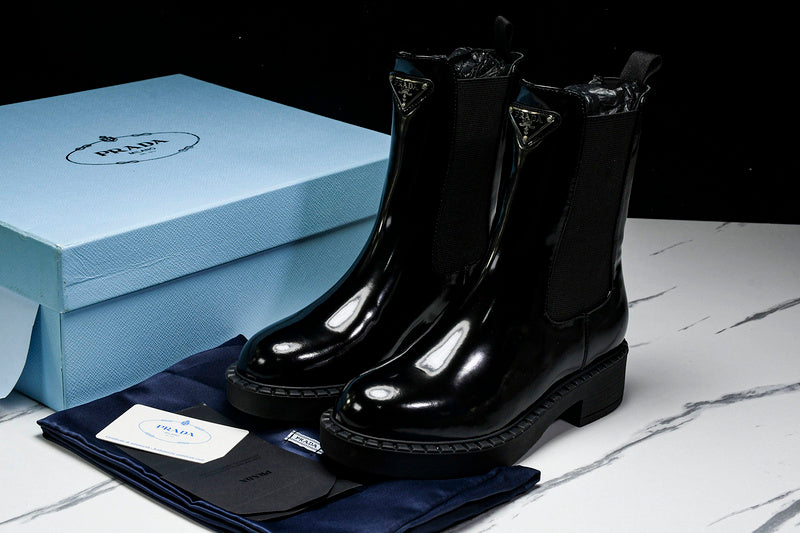Black Brushed Leather Patent Boots