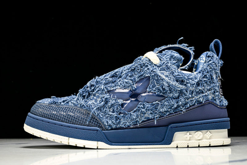 Ripped Blue Denim Fur Skate Sneakers