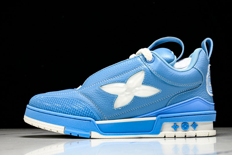 Sky Blue Leather White Flower Skate Sneakers