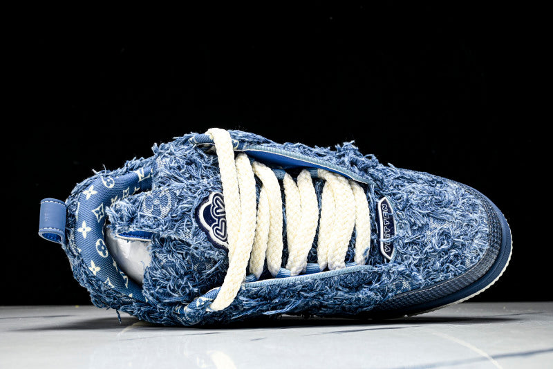Ripped Blue Denim Fur Skate Sneakers